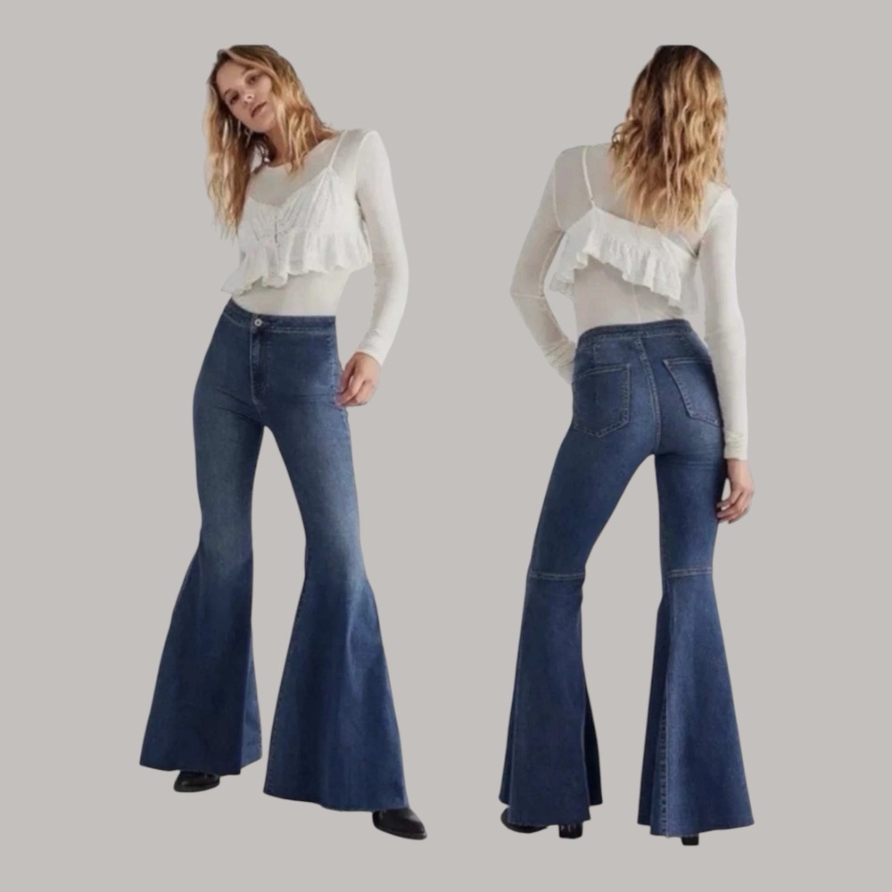 Free People Just Float On Flare Jeans Women 31 Blue High Rise Bell Bottom Rawhem